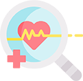 A magnifying glass with an image of a heart and ecg lines.